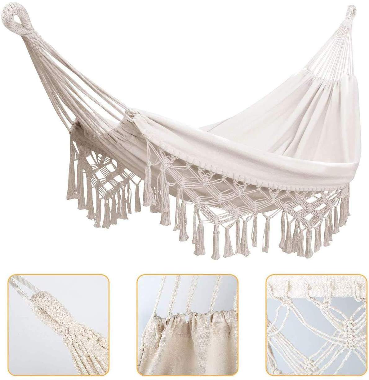 Double Hammock 2 Person Extra Large Canvas Cotton Hammock With Macrame Beach Swing Hammock Bed For Indoor and Outdoor