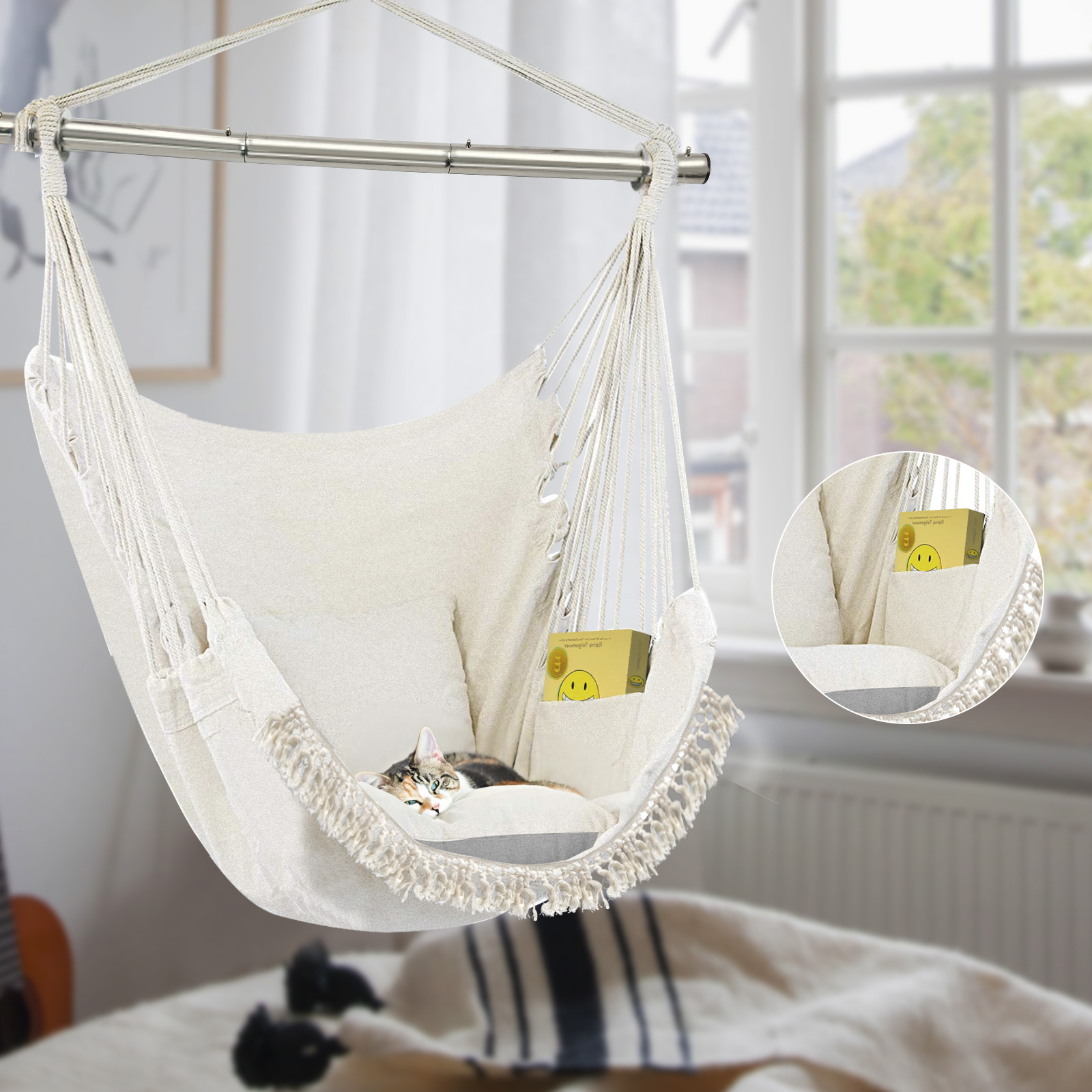 Hammock Chair Hanging Hammock Chair Rope Swing 2 Cushions for Bedroom, Porch, Patio-Indoor/Outdoor