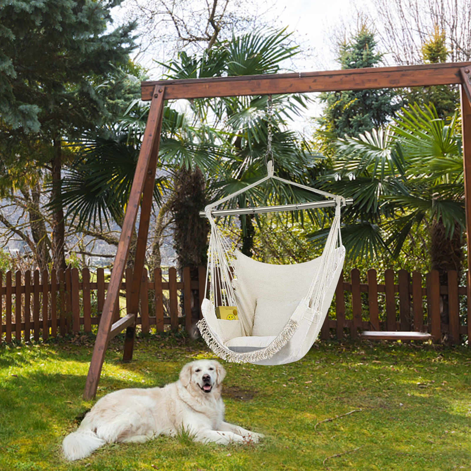 Hammock Chair Hanging Hammock Chair Rope Swing 2 Cushions for Bedroom, Porch, Patio-Indoor/Outdoor