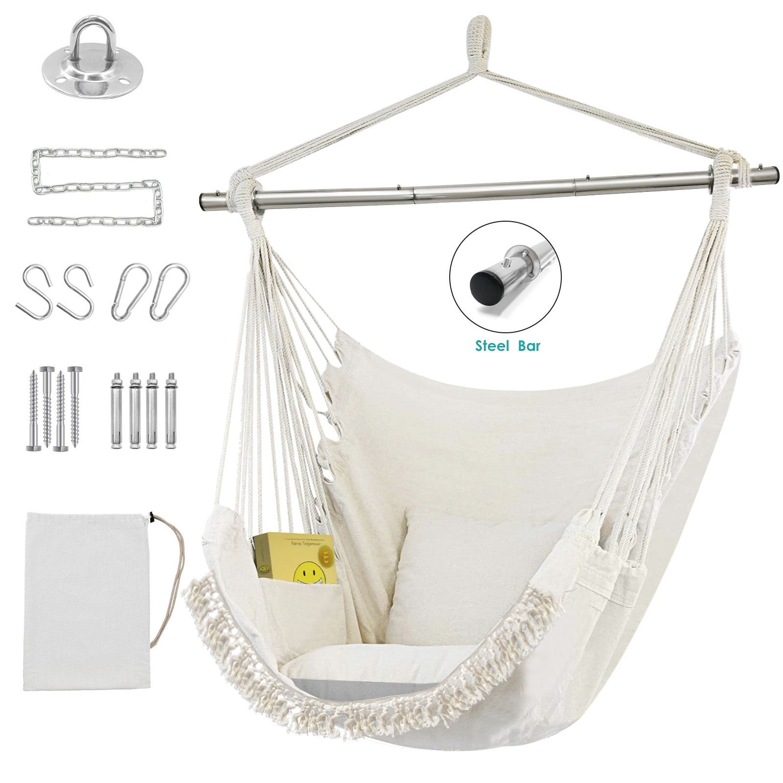 Hammock Chair Hanging Hammock Chair Rope Swing 2 Cushions for Bedroom, Porch, Patio-Indoor/Outdoor