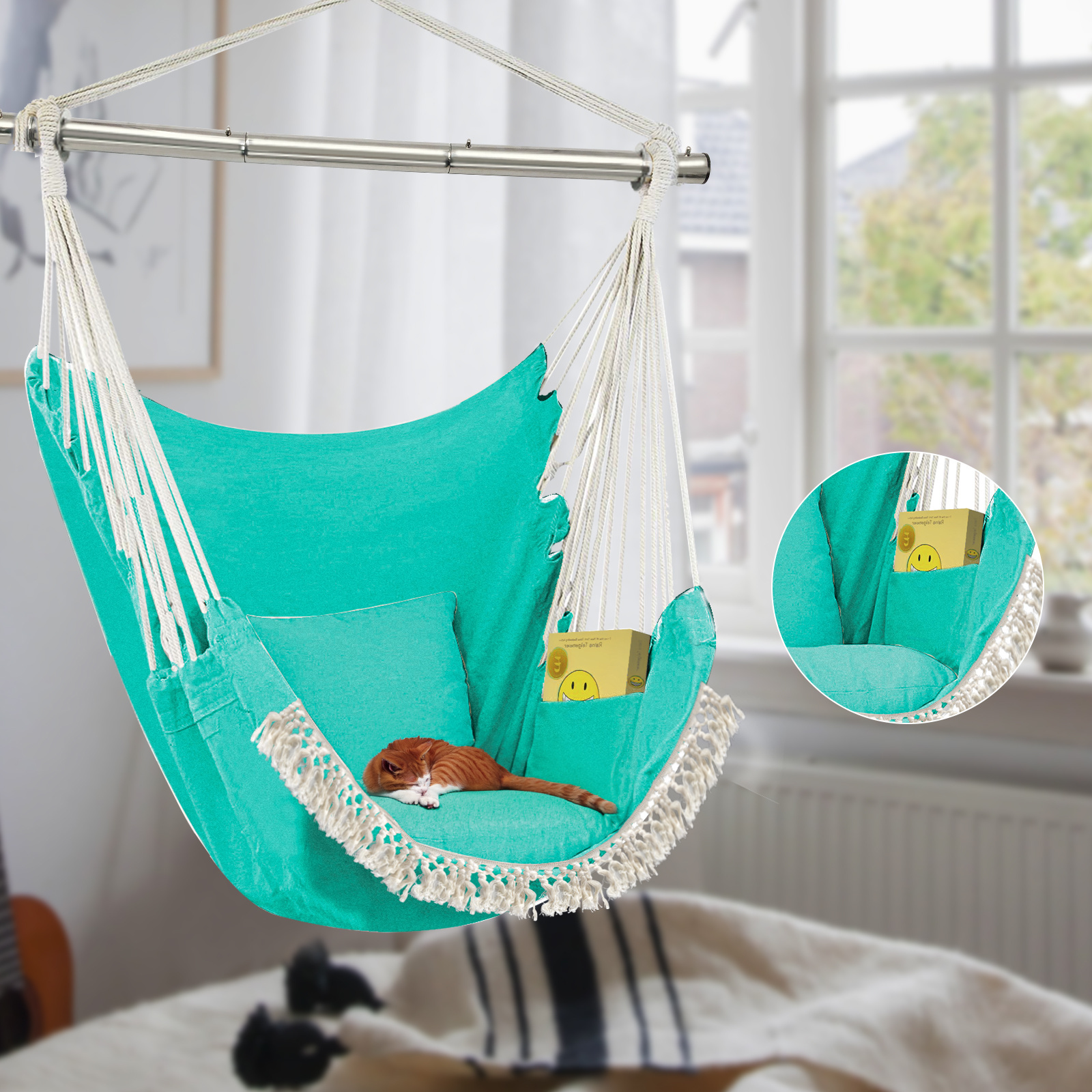 Hammock Chair Hanging Hammock Chair Rope Swing 2 Cushions for Bedroom, Porch, Patio-Indoor/Outdoor