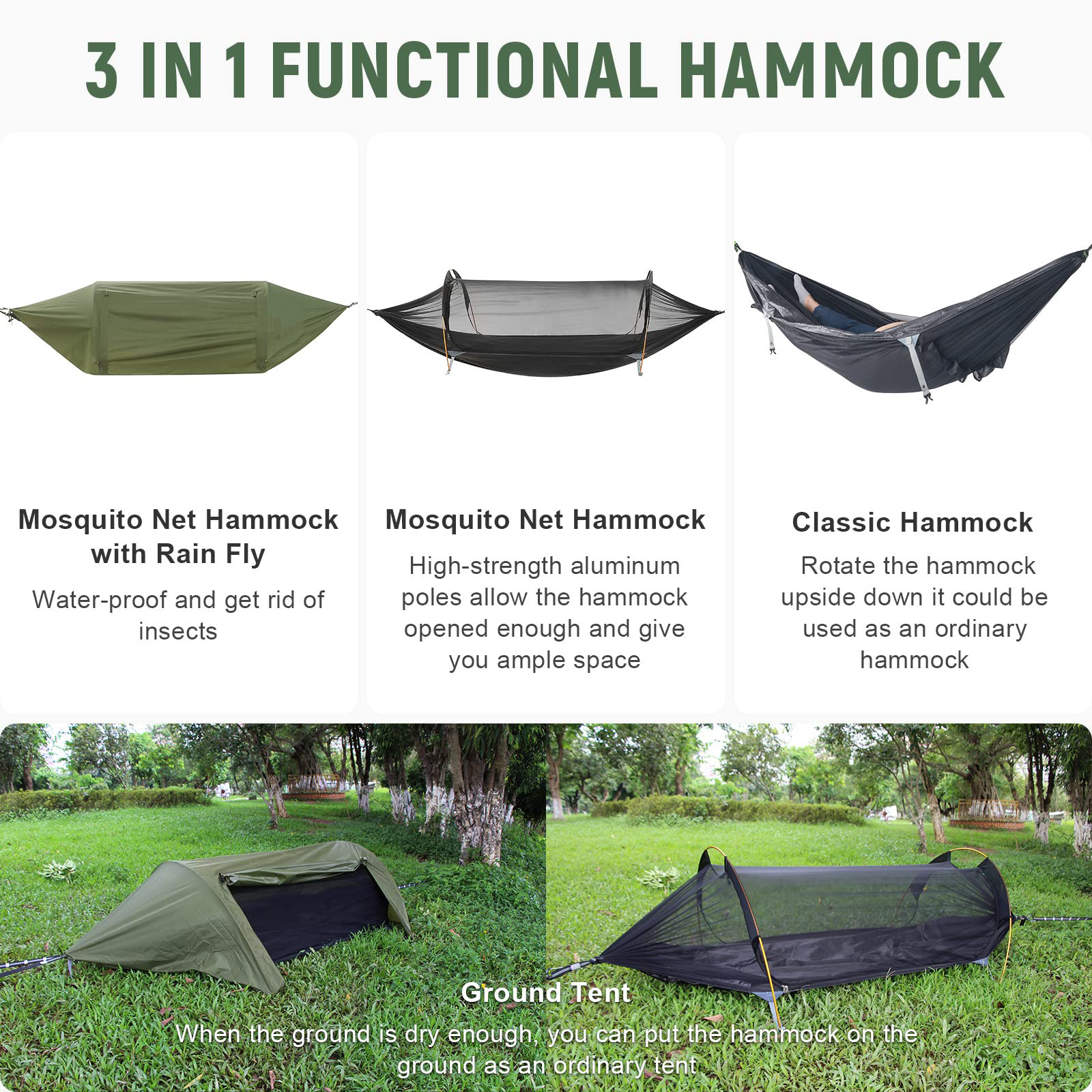 Camping Hammock Tent with Mosquito Net Tree Strap Swing Heavy Rain Waterproof Lightweight