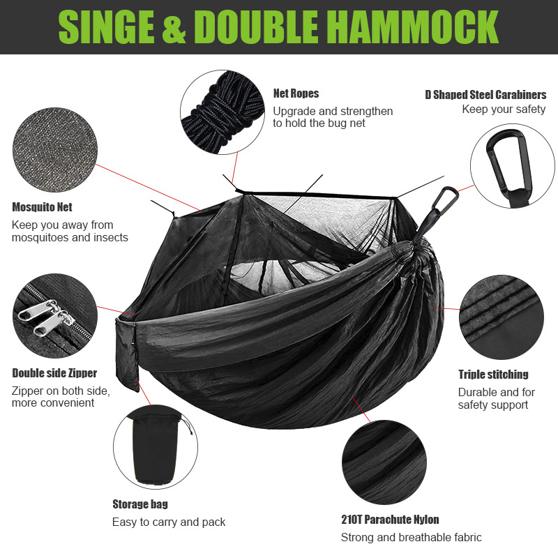 210T Nylon Portable 2 Person Outdoor Parachute hammock with mosquito net and rain fly