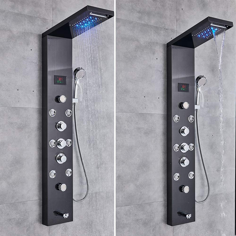 Hot Sale Luxury Black Color wall mounted bathroom LED smart shower panel stainless steel rain shower panel