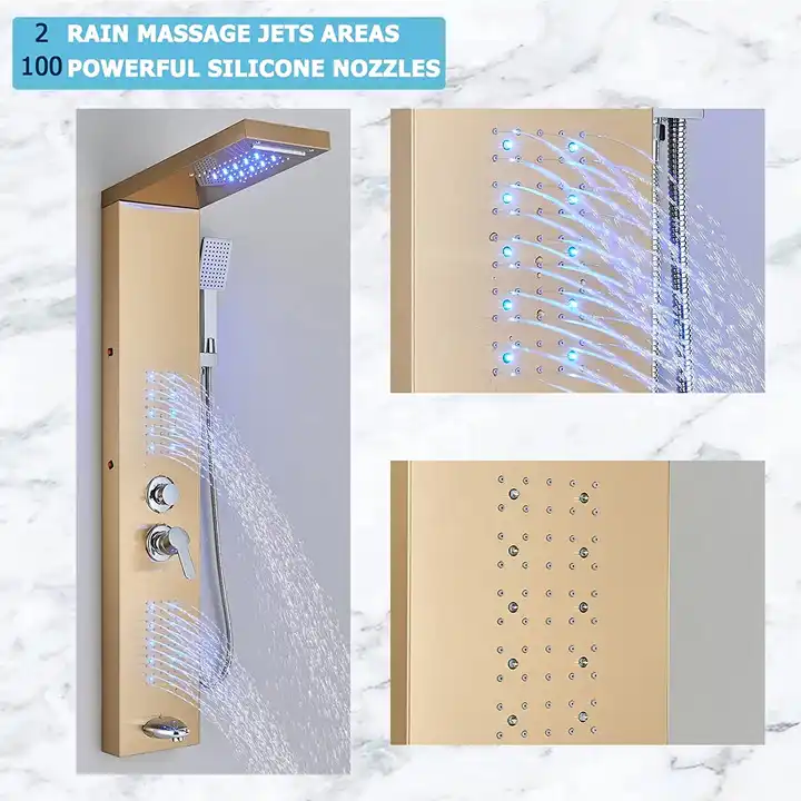 Hot Sale Anti-corrosion LED brushed gold stainless steel shower panel tower system wall-mount rain shower bathroom shower