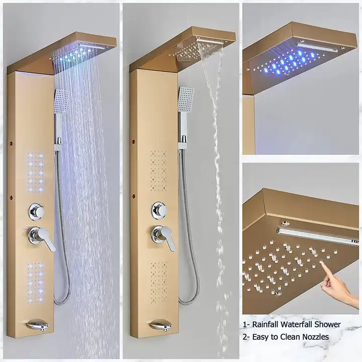 Hot Sale Anti-corrosion LED brushed gold stainless steel shower panel tower system wall-mount rain shower bathroom shower