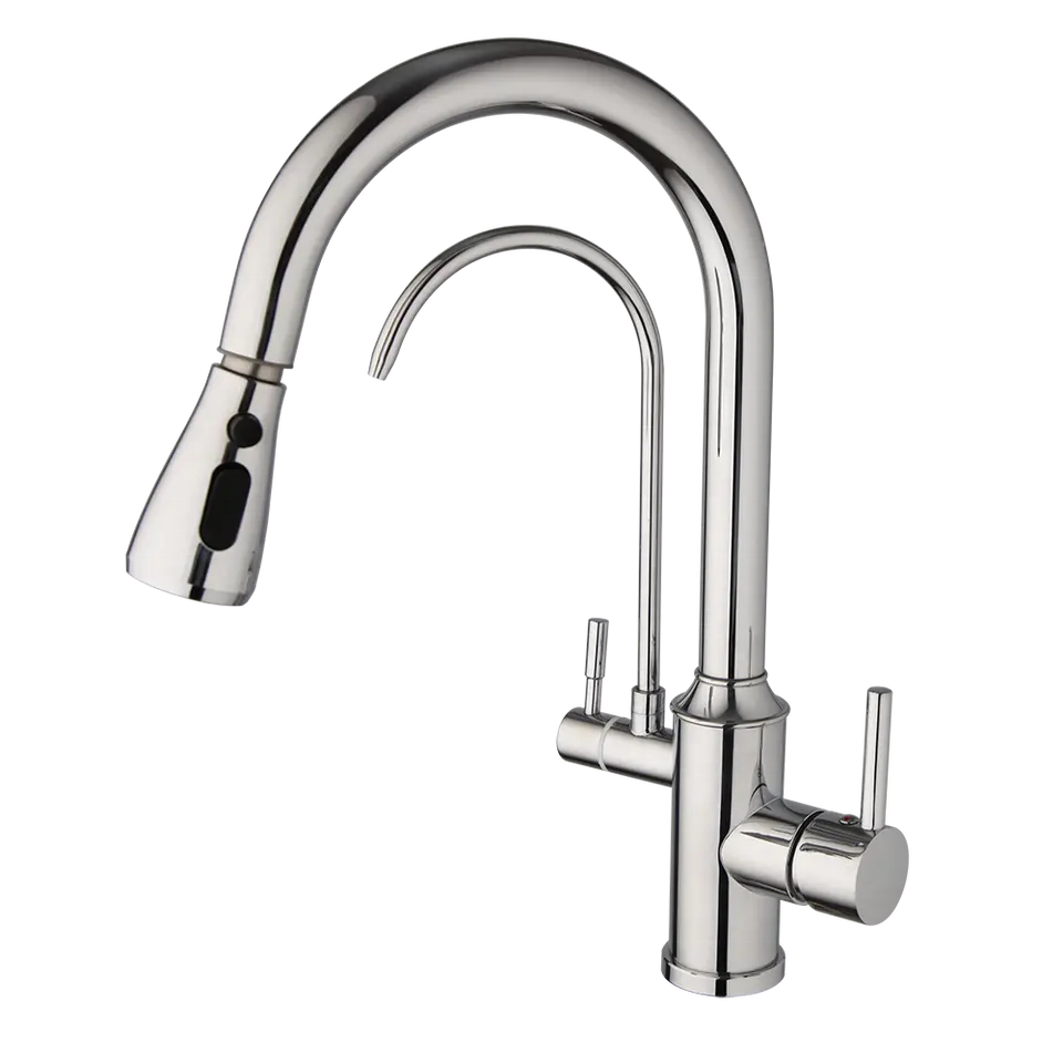 2024 Nickel Brushed Kitchen Sink Faucet with Pull Down Sprayer 2 Handle 3 in 1 Water Filter Purifier Kitchen Faucet