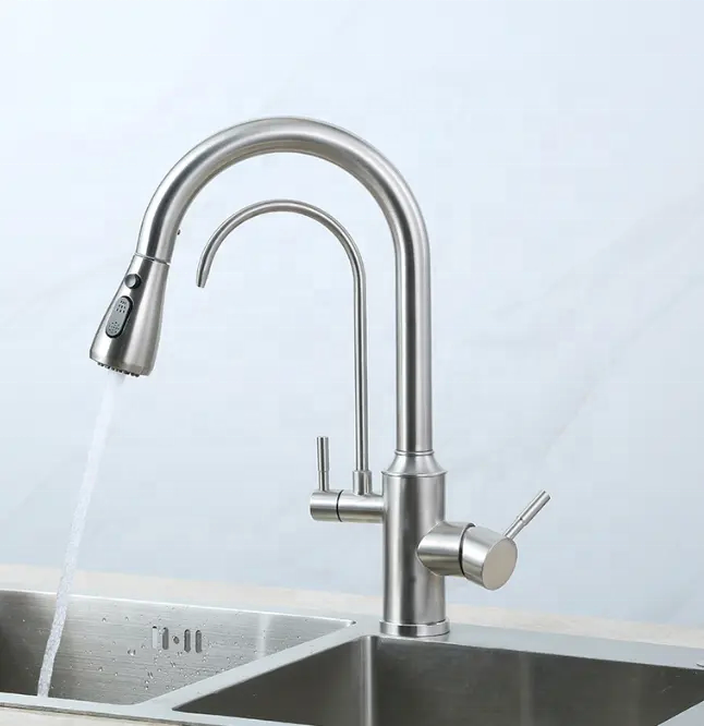 2024 Nickel Brushed Kitchen Sink Faucet with Pull Down Sprayer 2 Handle 3 in 1 Water Filter Purifier Kitchen Faucet