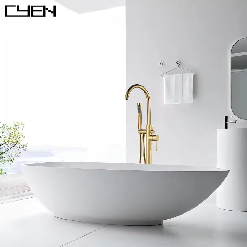 Kangrun Golden brass main body health hot and cold floor mounted bathroom bathtub faucet with hand shower