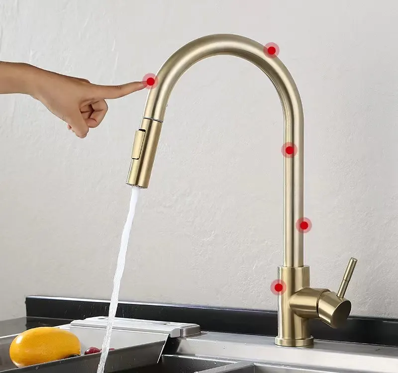 Deck Mounted Hot Cold Kitchen Sink Faucet Mixer Single Handle Touch Sensor Kitchen Faucet With Pull Out Sprayer