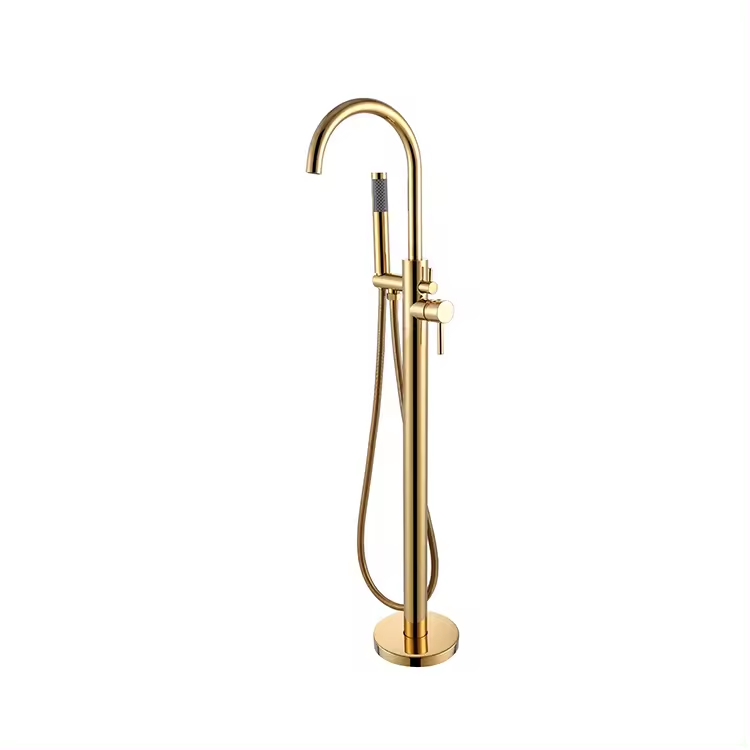 Kangrun Golden brass main body health hot and cold floor mounted bathroom bathtub faucet with hand shower