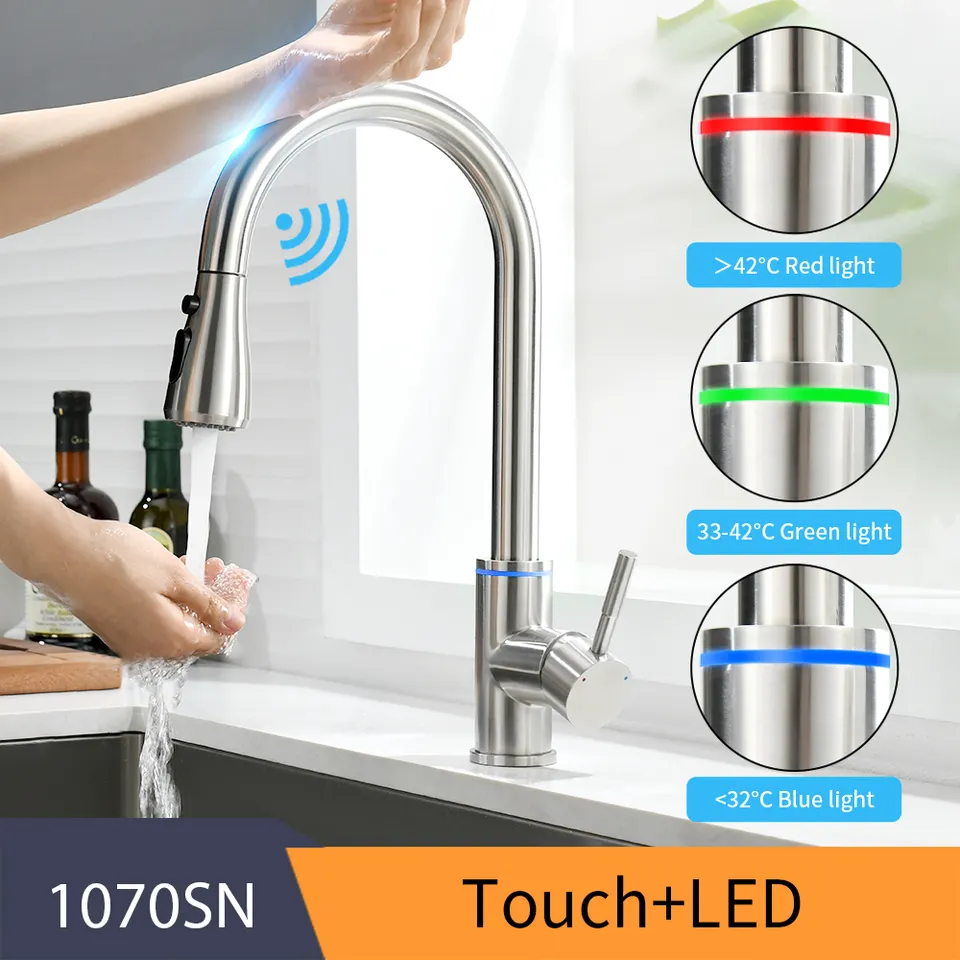 Kangrun Pull Down Sprayer Rotate Temperature Control 3 Modes LED Light Smart Sensor Touch Control Kitchen Faucet