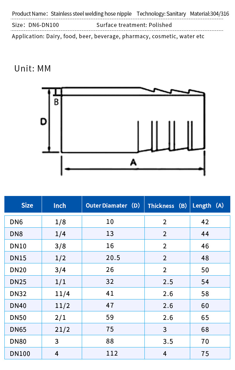 KQ Sanitary 304 316L industrial stainless steel hose barb ferrule adapter