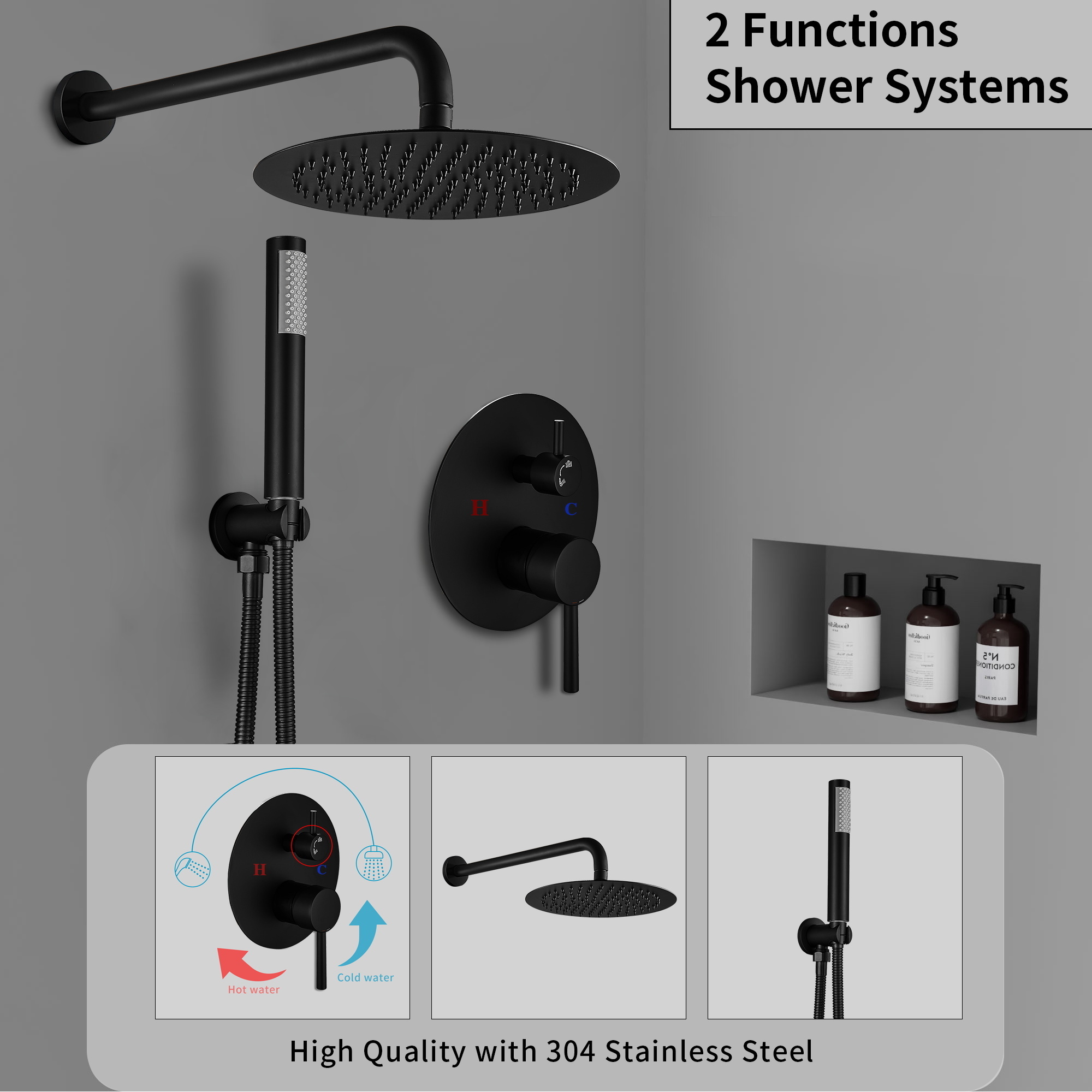 Matte Black Shower Faucets Set Rain Waterfall Concealed Shower System Wall Mount Bathtub Shower Mixer Combo Set