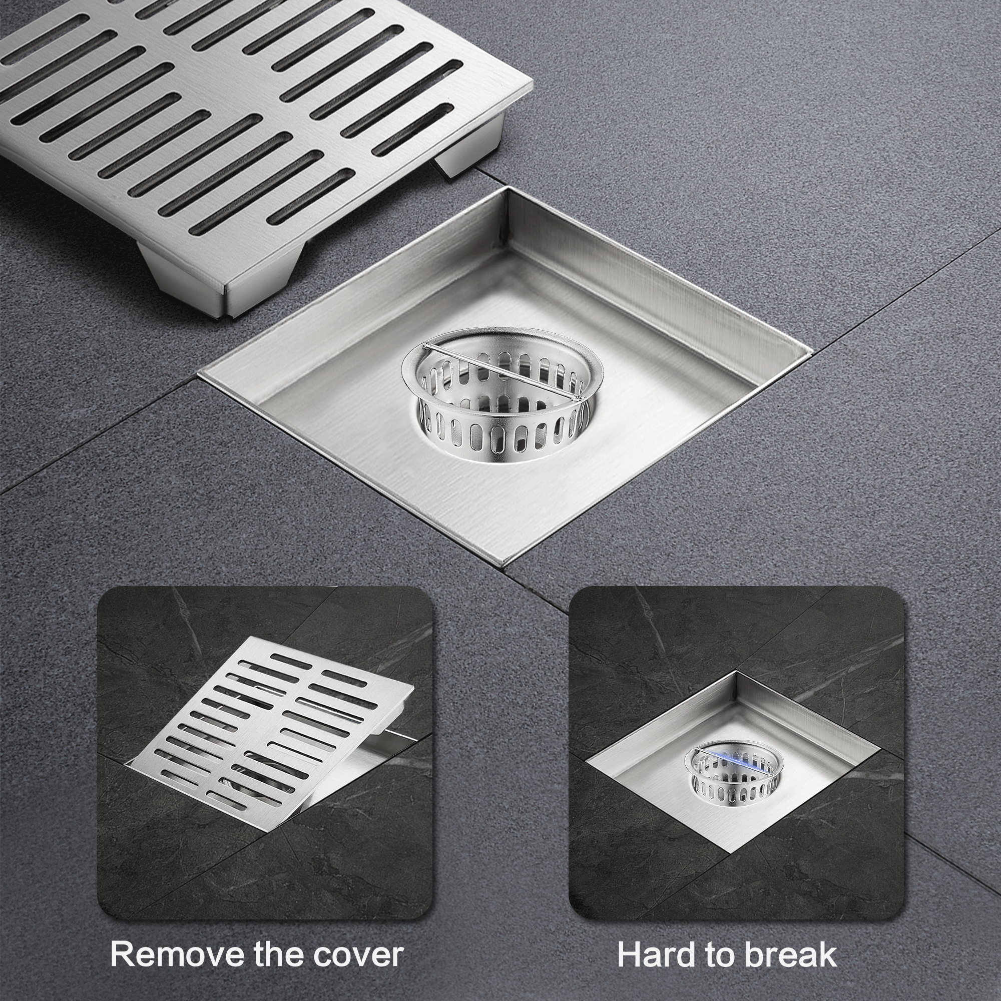 Linear Shower Drain 6 Inch Dish Drainer Drain/Shower Floor Drain/Silver Square Trap Brushed Stainless Steel Floor Drains