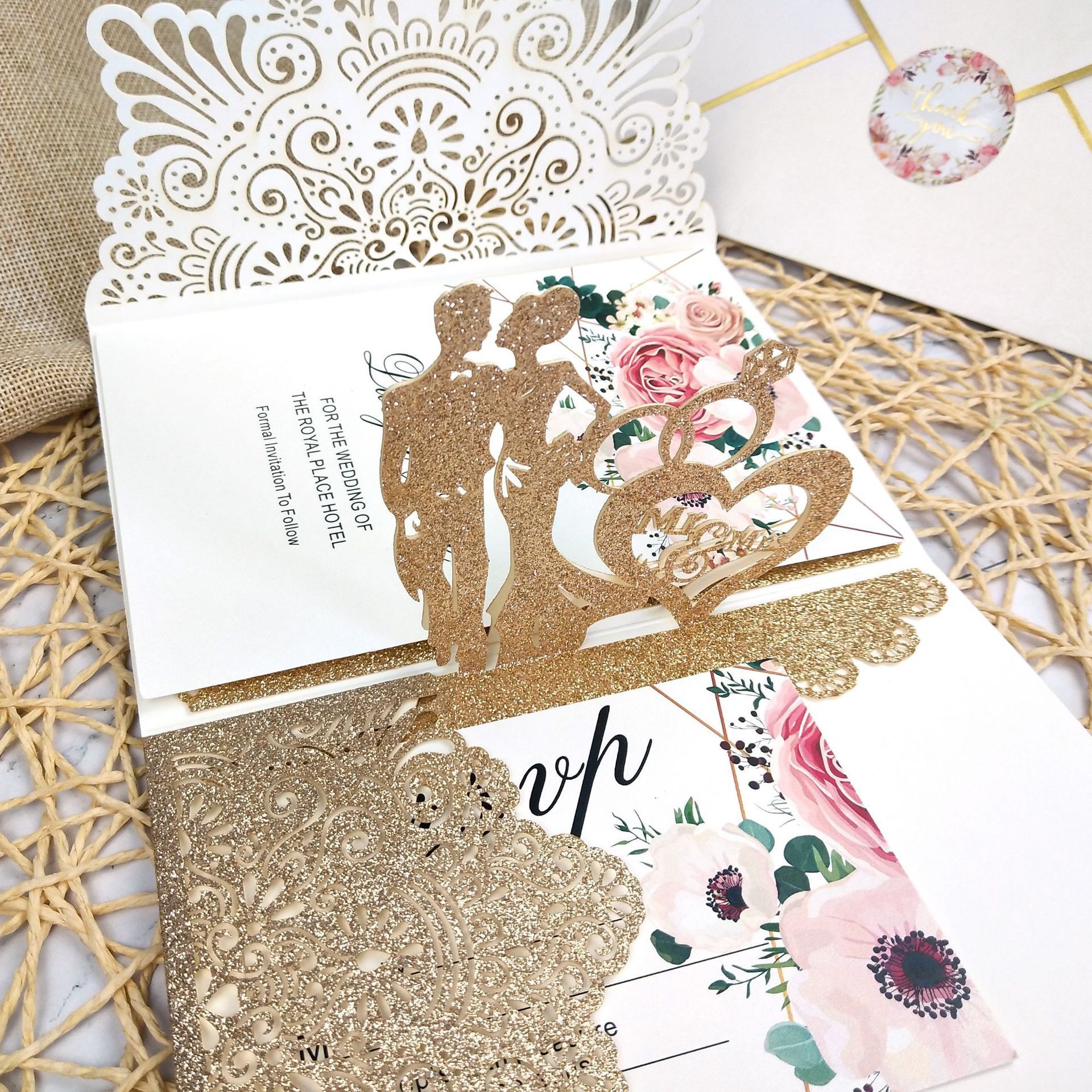 Design new high quality luxury laser cut pop up wedding invitations card with envelope