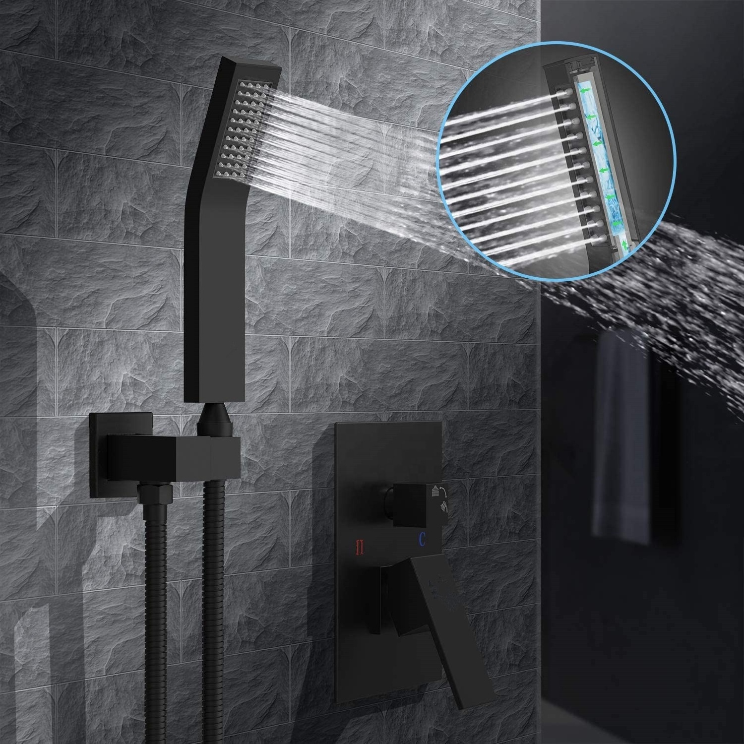 Luxury wall mounted concealed matte black bathroom shower faucet set column with 10 inch stainless steel shower head