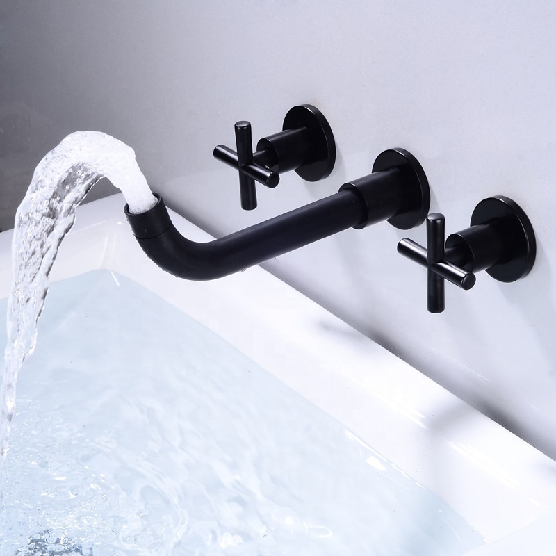 Modern wall mounted two handle matte black copper vanity faucet