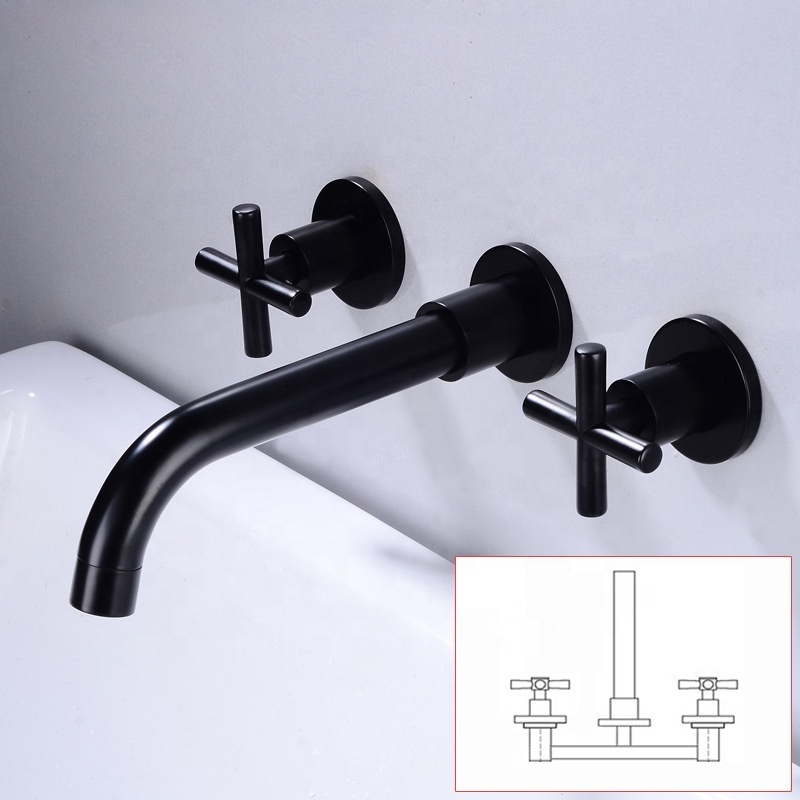 Modern wall mounted two handle matte black copper vanity faucet