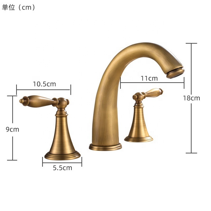 8 Inch European design artistic double handle 3 hole antique brass wash basin mixer brass faucet