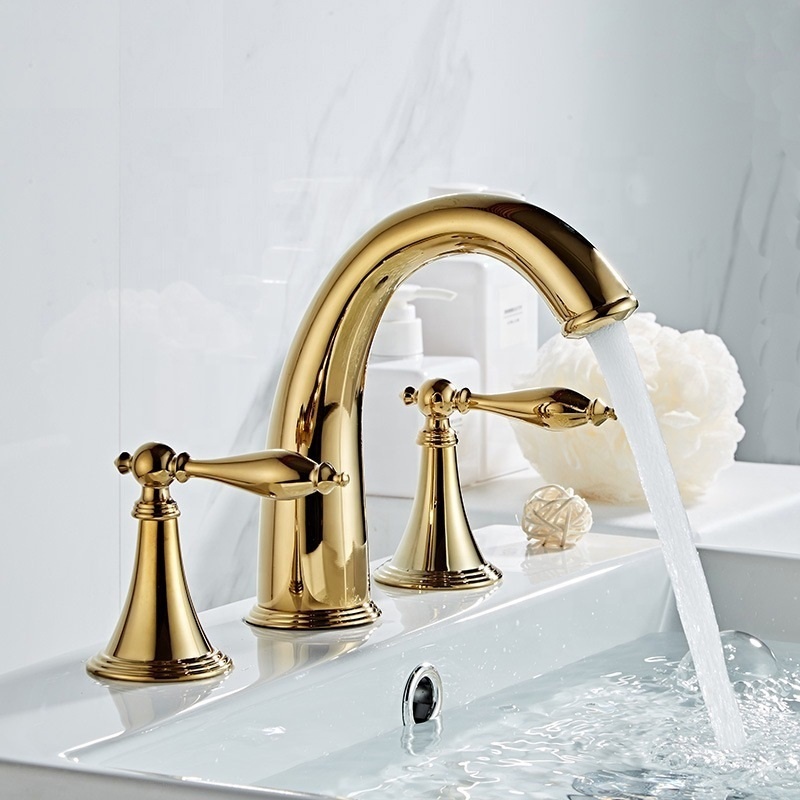 8 Inch European design artistic double handle 3 hole antique brass wash basin mixer brass faucet