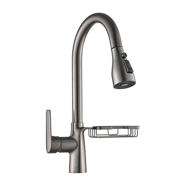 Solid brass single lever gun grey hot and cold water mixer pull down sprayer flexible kitchen faucet with rack sponge holder