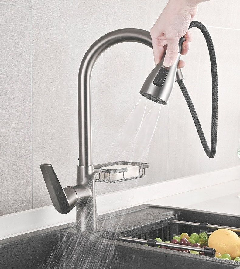 Solid brass single lever gun grey hot and cold water mixer pull down sprayer flexible kitchen faucet with rack sponge holder