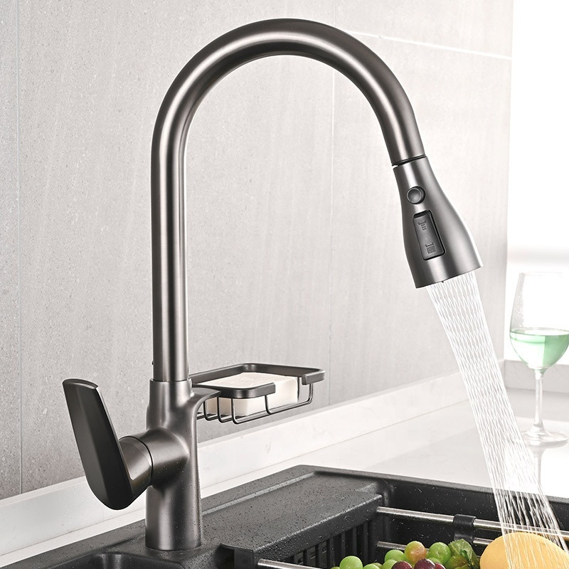 Solid brass single lever gun grey hot and cold water mixer pull down sprayer flexible kitchen faucet with rack sponge holder