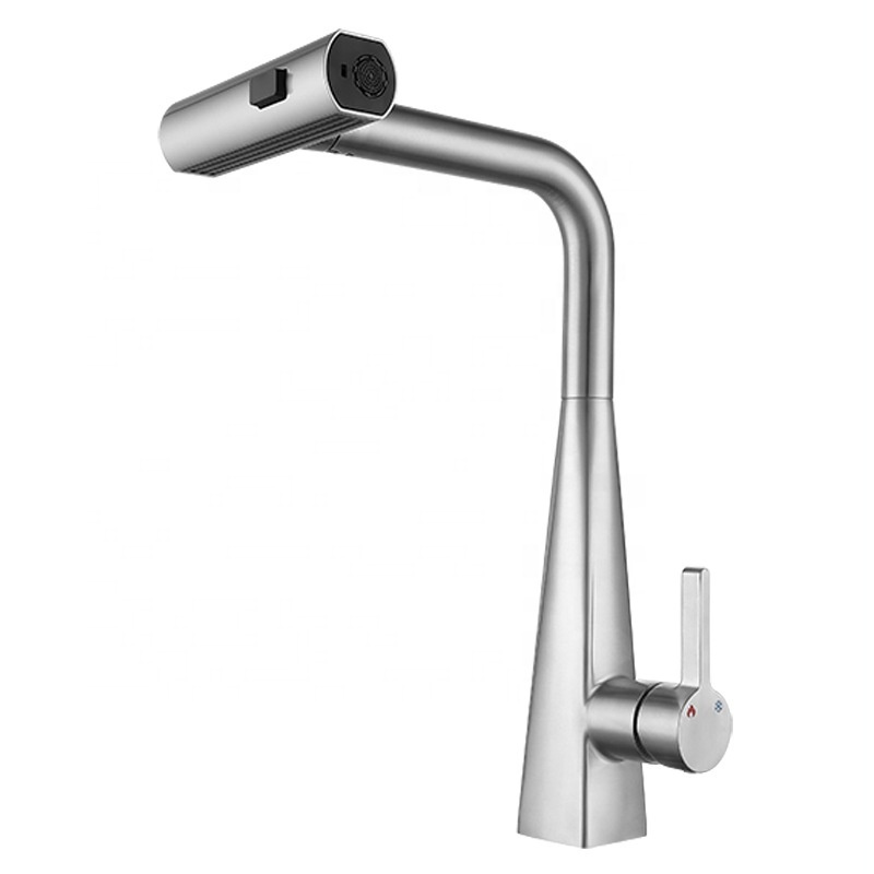 2024 New design pull out 304 stainless steel nickel brushed flying rain smart kitchen mixer faucet