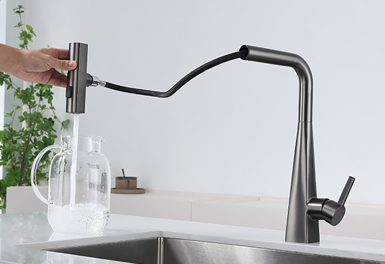 2024 New design pull out 304 stainless steel nickel brushed flying rain smart kitchen mixer faucet