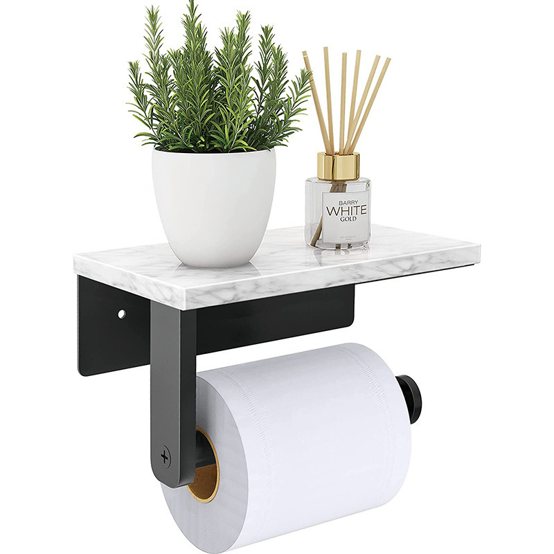 Marble Shelf Wall Mounted Natural Marble Tissue Paper Roll Holder Black Roll Stainless Steel Toilet Paper Holder