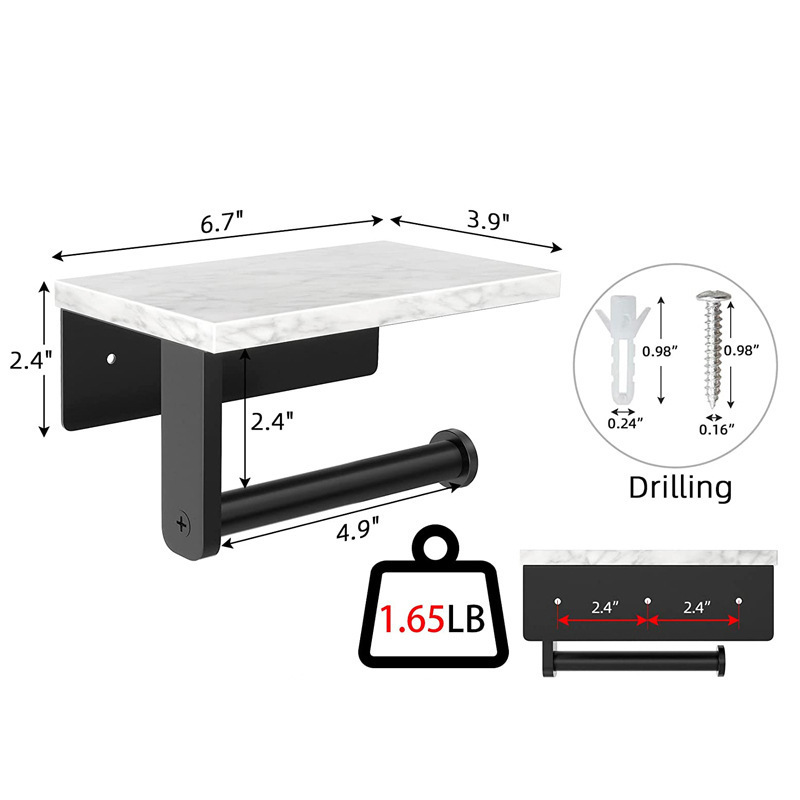 Marble Shelf Wall Mounted Natural Marble Tissue Paper Roll Holder Black Roll Stainless Steel Toilet Paper Holder