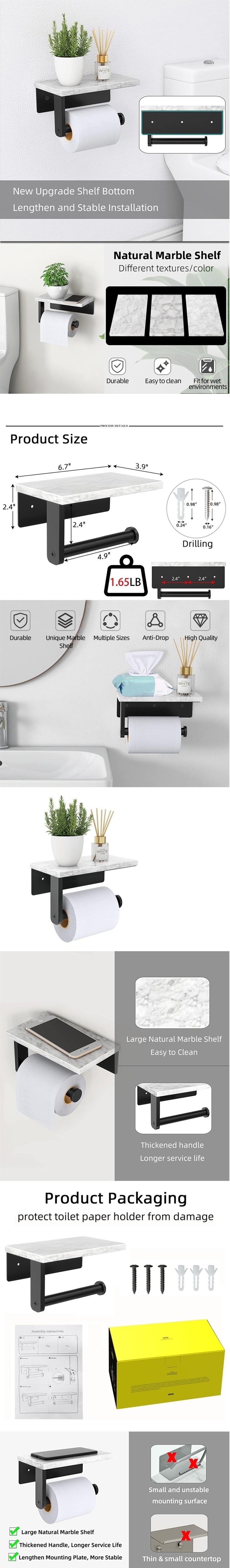 Marble Shelf Wall Mounted Natural Marble Tissue Paper Roll Holder Black Roll Stainless Steel Toilet Paper Holder