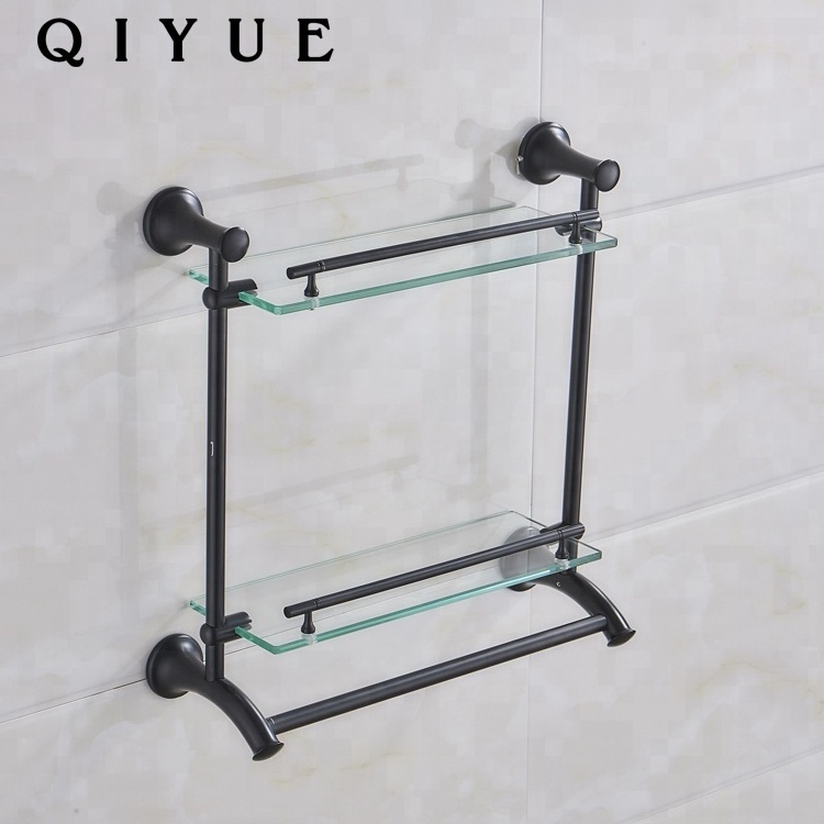 Modern two tier black painted zinc alloy wall corner bathroom shelves shower for storage