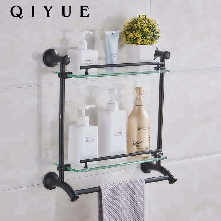 Modern two tier black painted zinc alloy wall corner bathroom shelves shower for storage