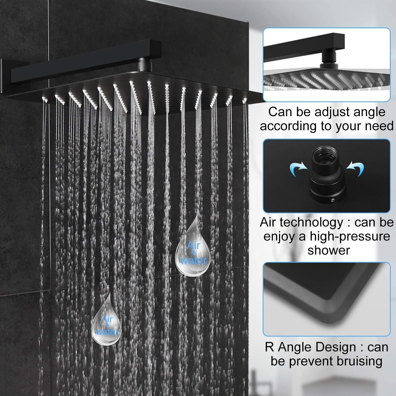 Luxury wall mounted concealed matte black bathroom shower faucet set column with 10 inch stainless steel shower head