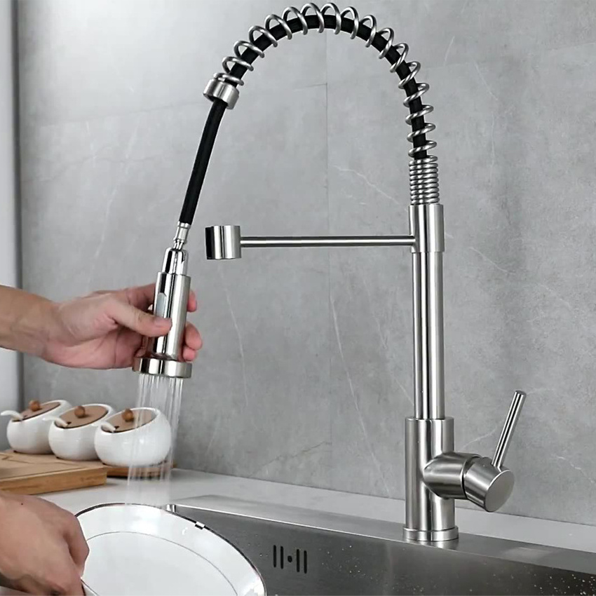 Competitive price brush nickel color stainless steel 304 deck mounted single hole pull down faucet for kitchen sink