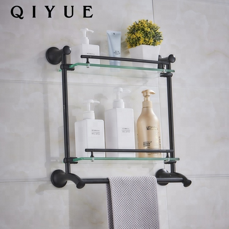 Modern two tier black painted zinc alloy wall corner bathroom shelves shower for storage