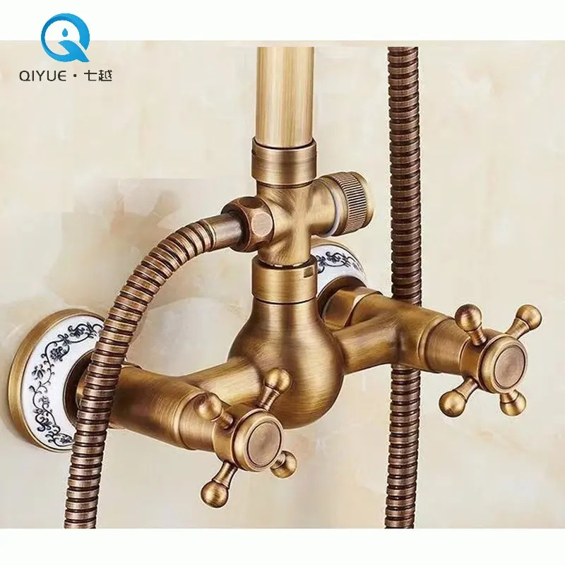 Modern wall mount antique brass double lever bathroom rain shower mixer faucet set cold and hot water bathtub faucet mixer