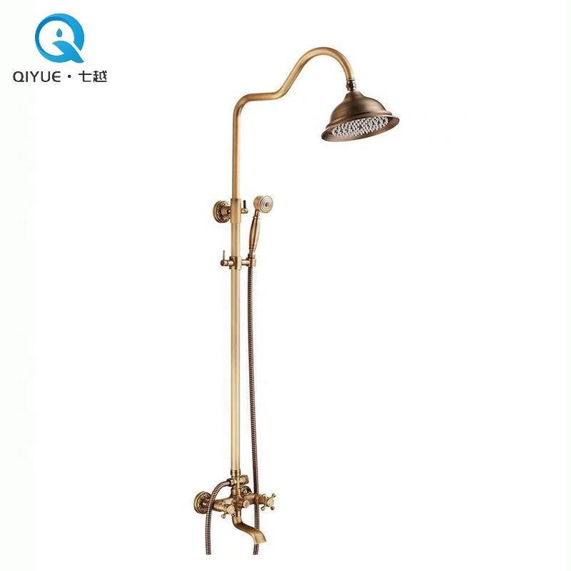 Modern wall mount antique brass double lever bathroom rain shower mixer faucet set cold and hot water bathtub faucet mixer