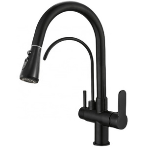 High quality brass 3 way matte black deck mount double spouts kitchen sink drinking faucet with spray