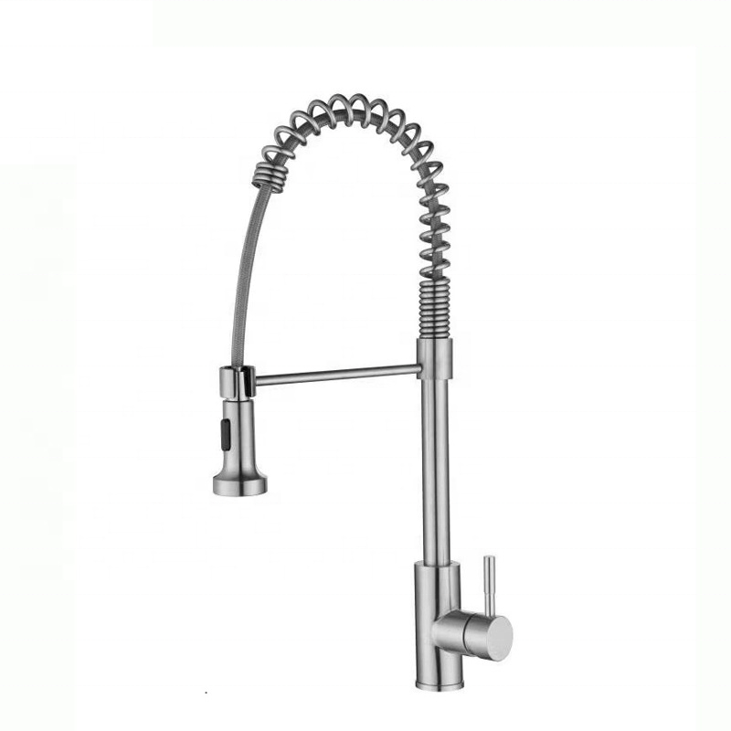 Modern deck mounted stainless steel 304 brushed nickel spring kitchen mixer faucet tap with pull out sprayer