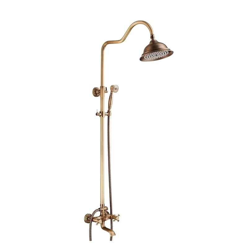 Modern wall mount antique brass double lever bathroom rain shower mixer faucet set cold and hot water bathtub faucet mixer