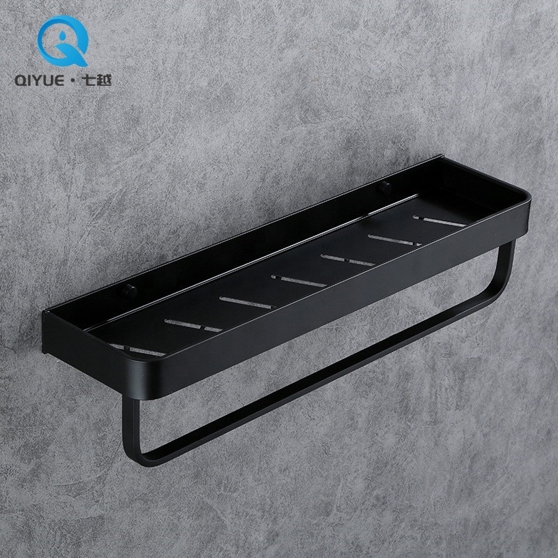 New Design Wall Mount Aluminum Black Color Shower Shelf with Towel Bar Single Bathroom Shelf Bath Shelf With Hooks