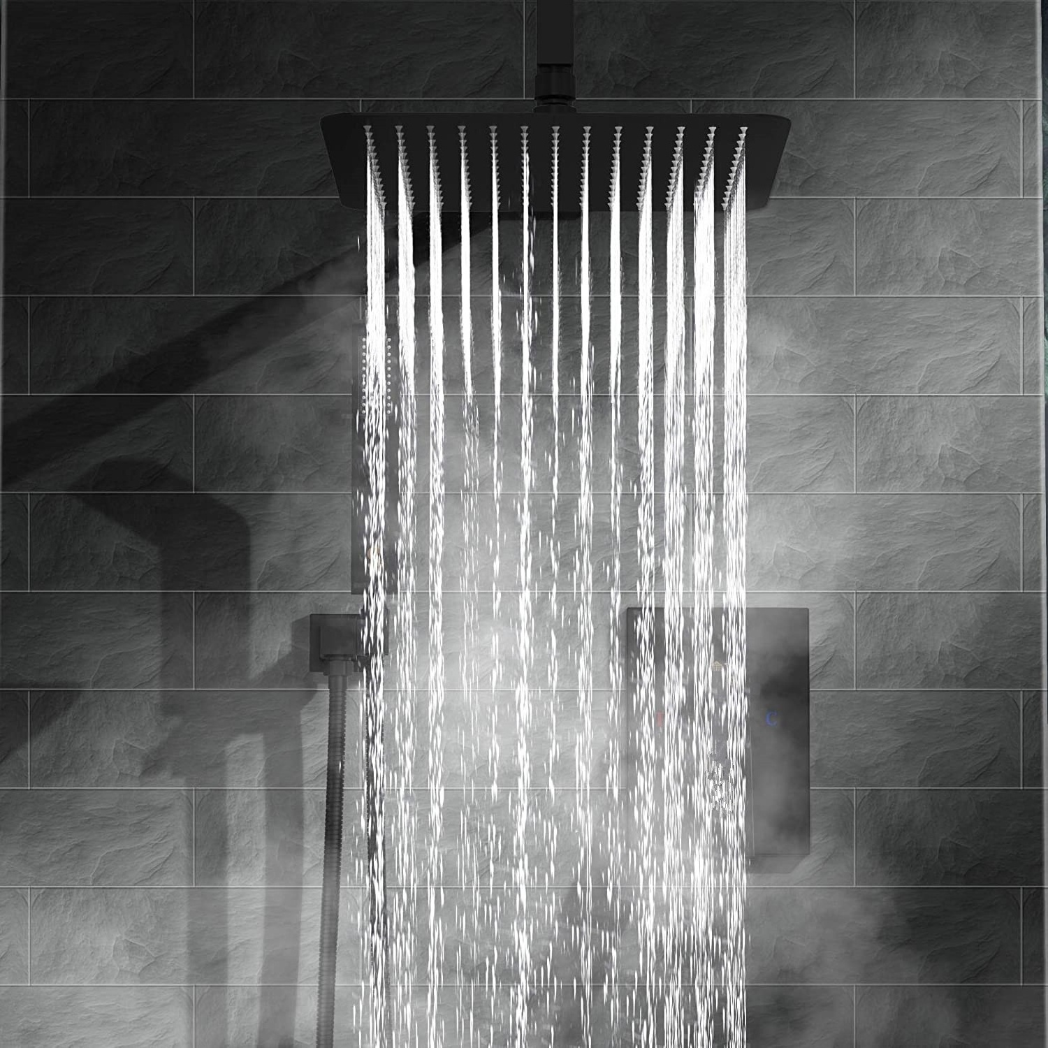 Luxury wall mounted concealed matte black bathroom shower faucet set column with 10 inch stainless steel shower head