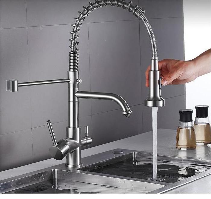 Modern new design brushed nickel brass kitchen sink single handle 3 way pull out faucet