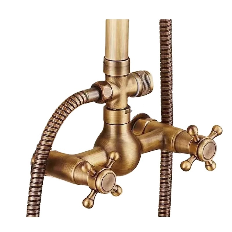 Modern wall mount antique brass double lever bathroom rain shower mixer faucet set cold and hot water bathtub faucet mixer