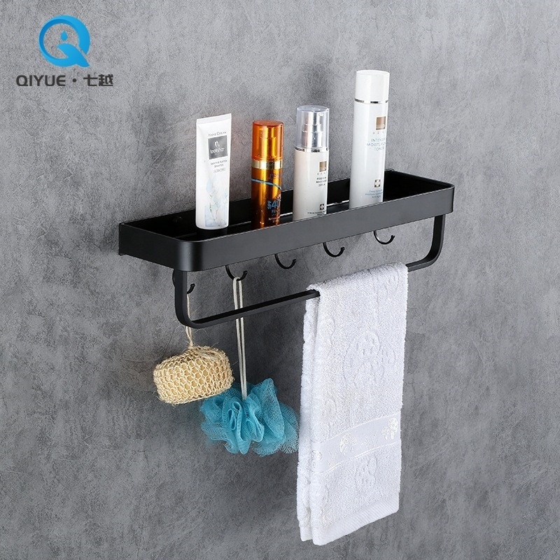 New Design Wall Mount Aluminum Black Color Shower Shelf with Towel Bar Single Bathroom Shelf Bath Shelf With Hooks