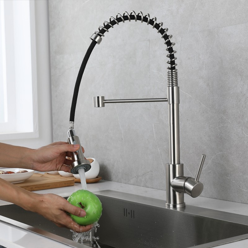 Competitive price brush nickel color stainless steel 304 deck mounted single hole pull down faucet for kitchen sink