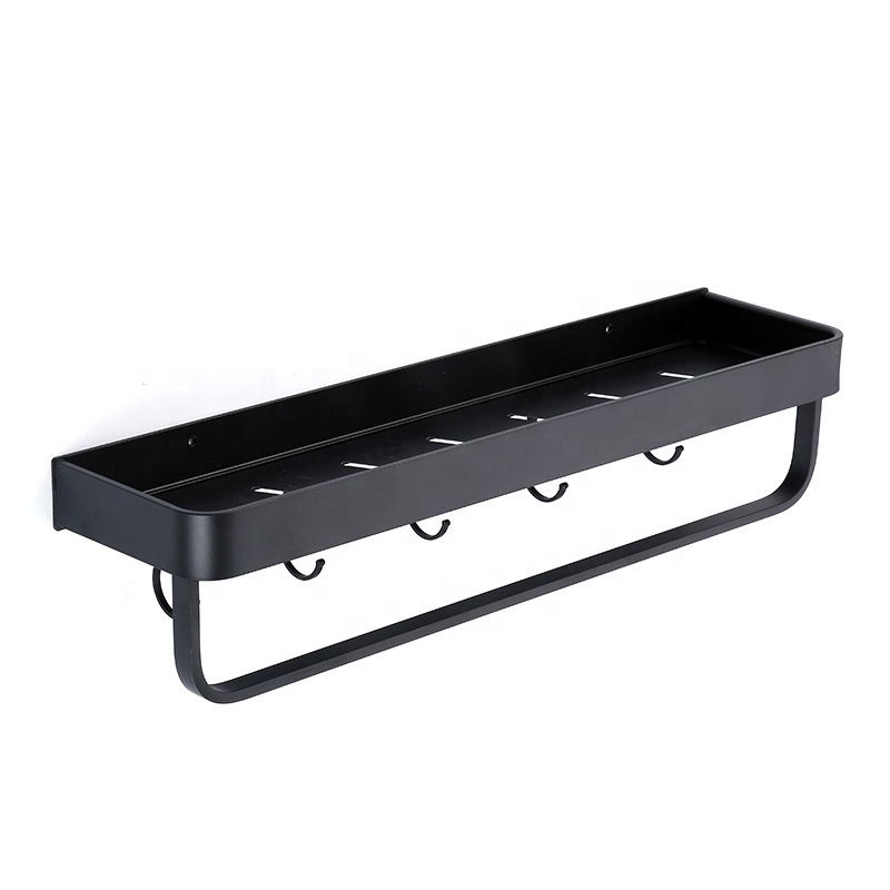 New Design Wall Mount Aluminum Black Color Shower Shelf with Towel Bar Single Bathroom Shelf Bath Shelf With Hooks